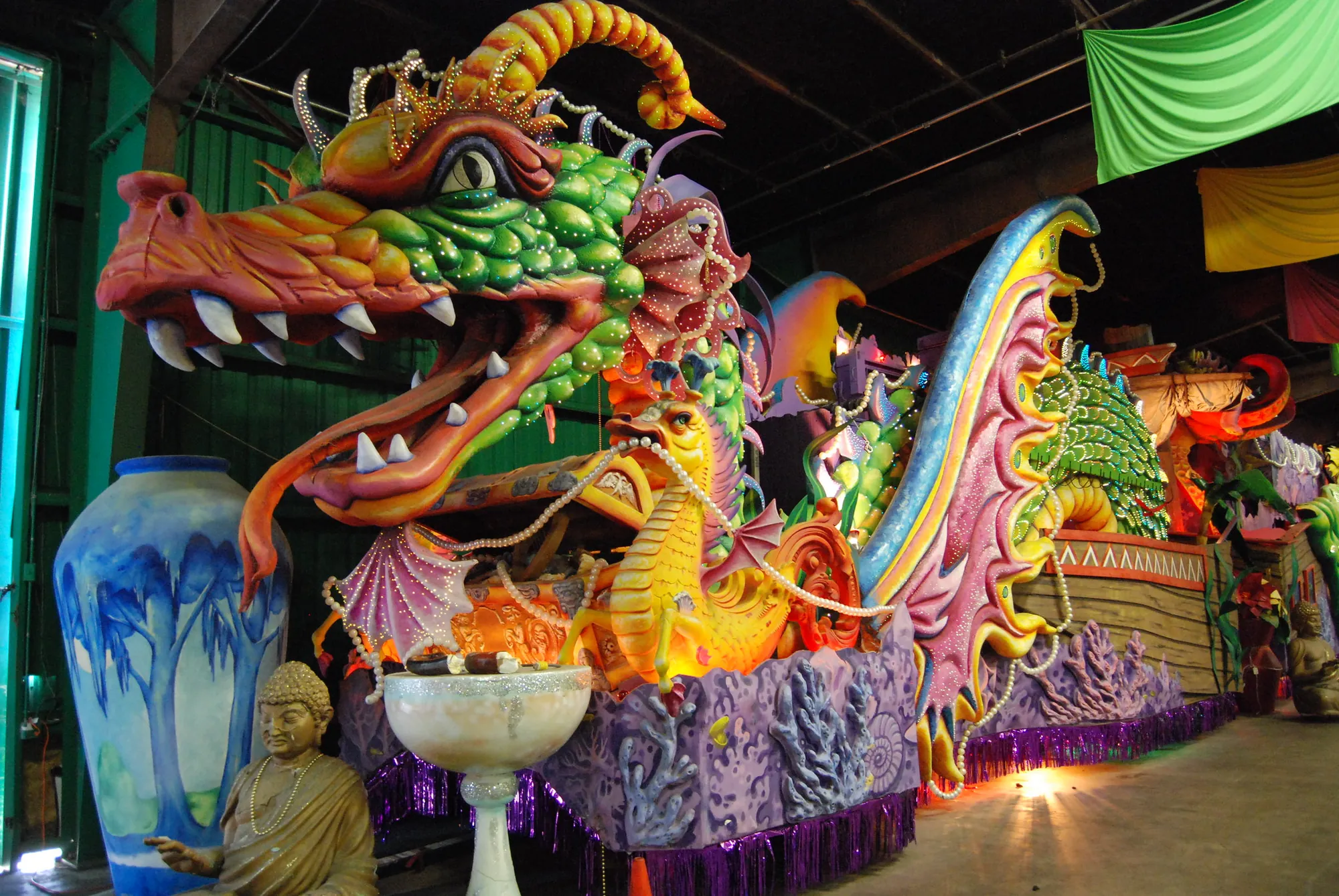 The Krewe of Orpheus Leviathan float, a giant sea dragon, at Mardi Gras World in New Orleans