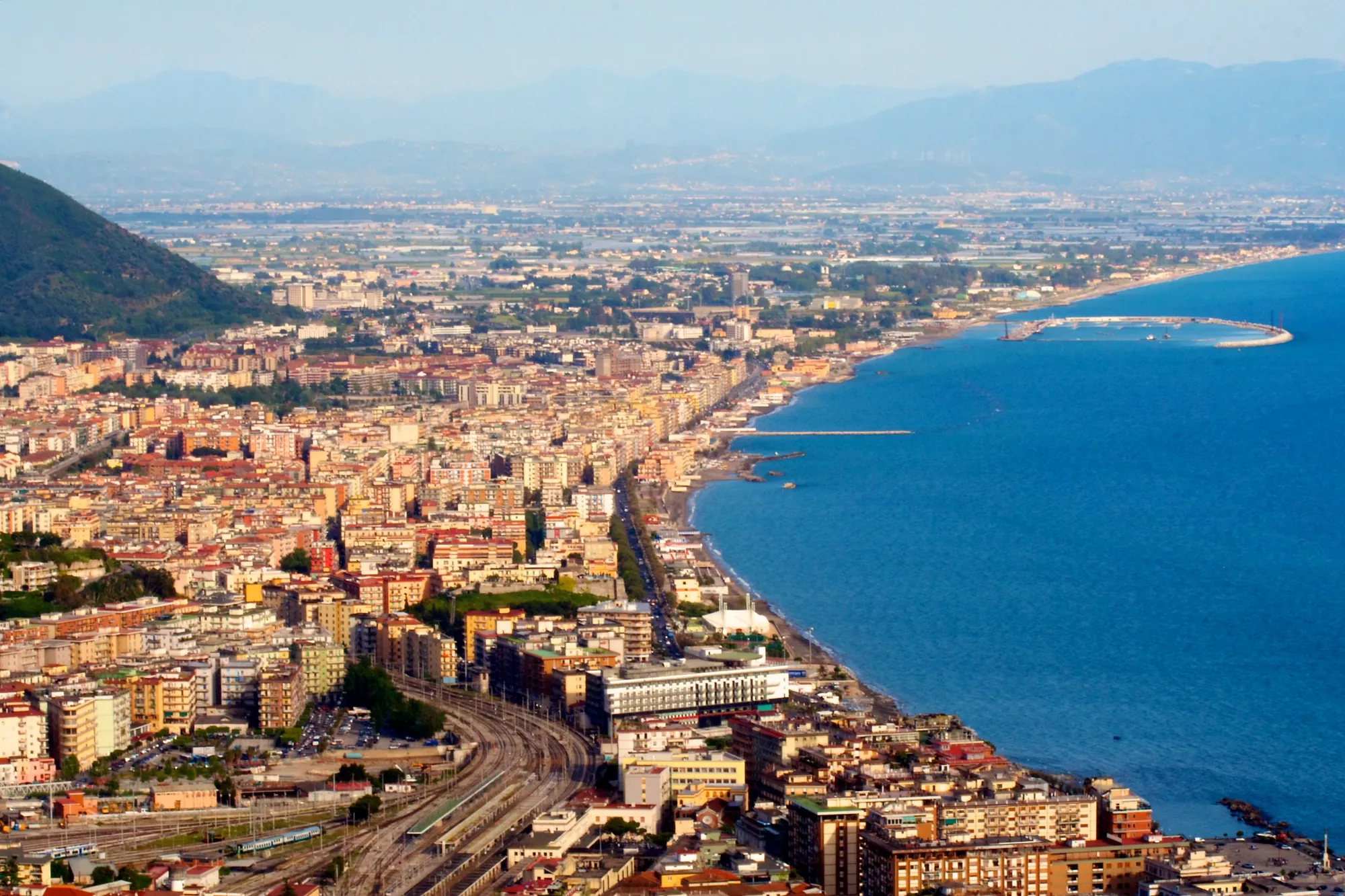 Aerial view of Salerno and its coastline on the Gulf of Salerno